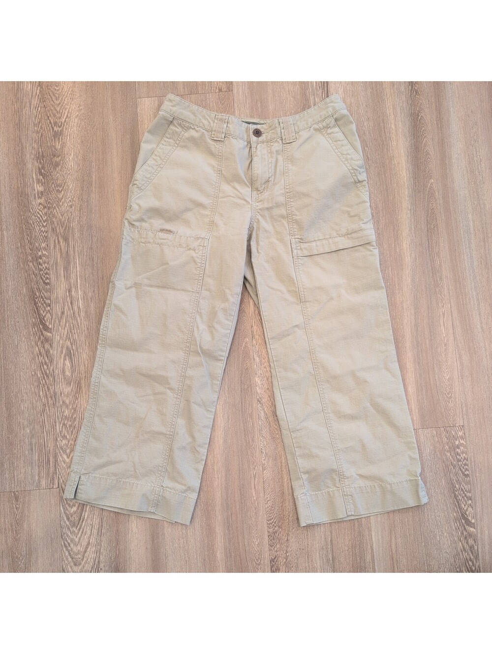 VTG Eddie Bauer Womens Khaki Cotton Cargo Capri Pants Size 6 Tan Utility Cropped